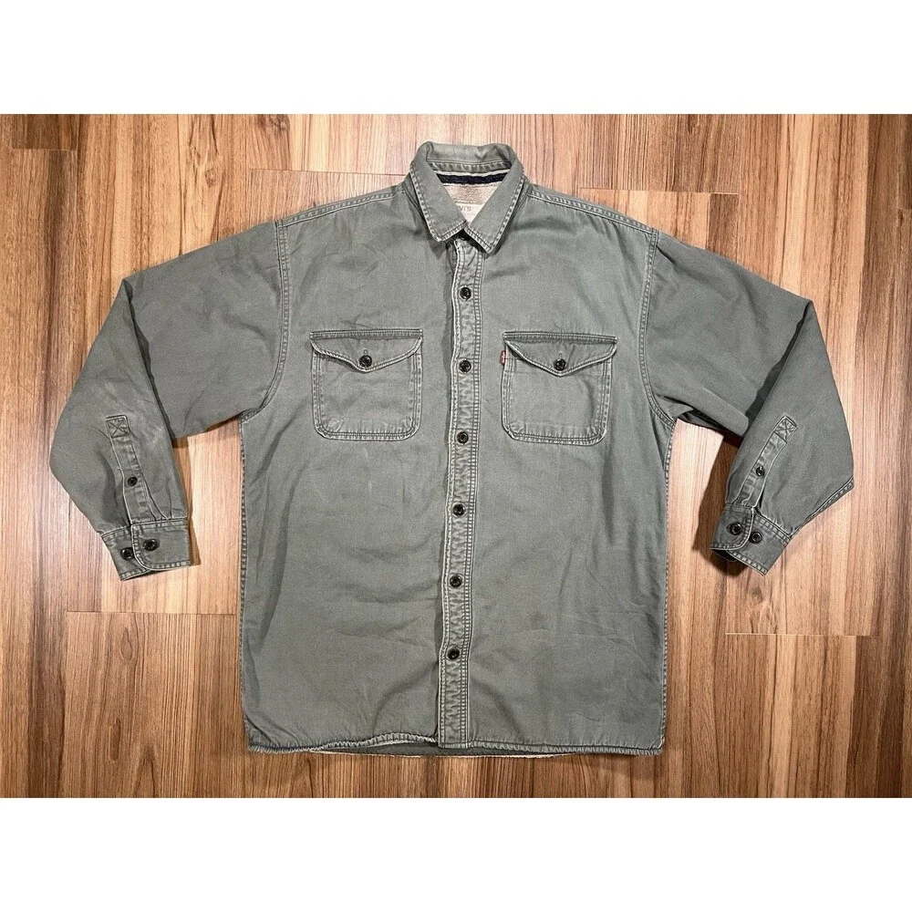 Levis Double Horse Logo Green Sherpa Lined Shacket Button Long Sleeve Mens Med